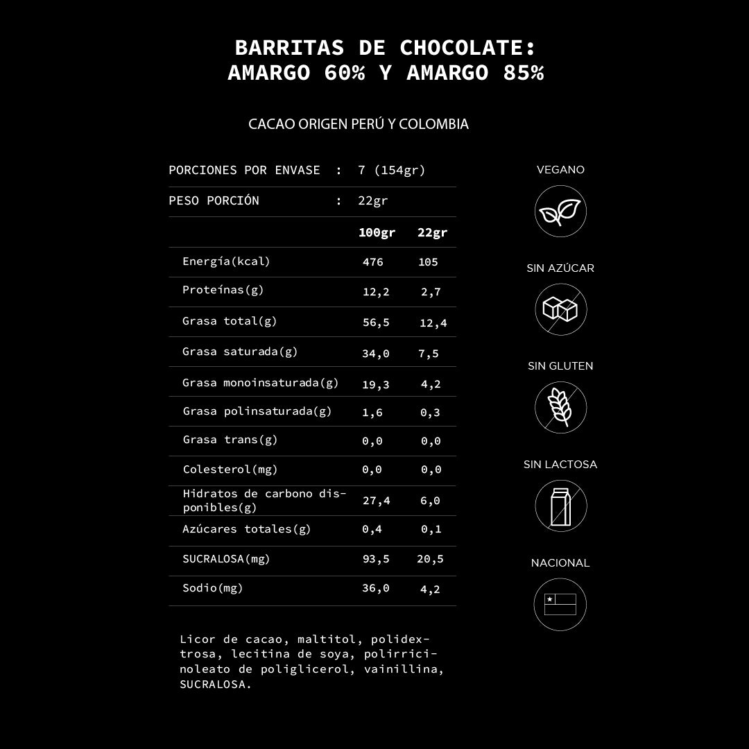 Caja de 7 barritas de chocolate Mix Amargo sin azúcar | 154 grs.